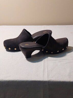 Zara Suede Studded Kitten-Heel Clogs Chocolate Brown Size: 9